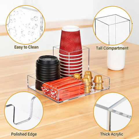 Clear Acrylic Coffee Cup Holder For Countertop With Three Compartments For Cups Lids Straws Pods Sugar Packets And Tea Bags A Handy Coffee Bar Organizer For Kitchen Counters showing cups and sugar packets