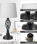 Set Of 2 Bedside Lamps With USB Port And AC Outlet, 22 Inch Tall, Gray Shade, showing features like metal base, USB and AC outlet.