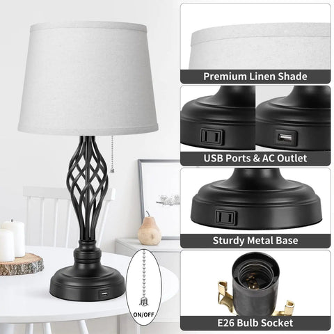 Set Of 2 Bedside Lamps With USB Port And AC Outlet, 22 Inch Tall, Gray Shade, showing features like metal base, USB and AC outlet.