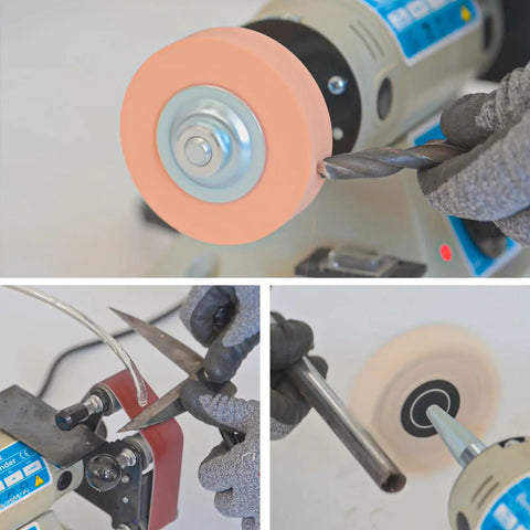 Beast Mode All In One Wet And Dry Belt Sander And Rock Polisher With Variable Speed 1250-10000 RPM polishing metal and wood pieces.