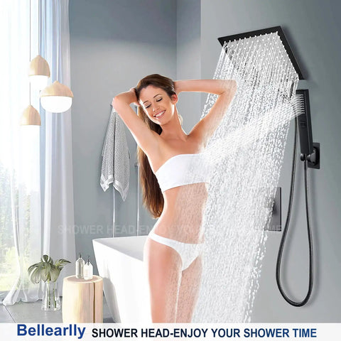 8 Inch Matte Black Rain Shower Head With Hose 2 In 1 High Pressure Shower System in use, woman enjoying overhead spray