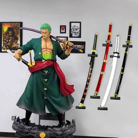 Vertical Katana Wall Mount Holder Adjustable Samurai Sword Wall Hanger For Slanted Display And Cosplay Blade Collection Bamboo Construction Perfect For Wakizashi Tanto Ninja Swords Tanjirou Zoro Fans showing katana collection.
