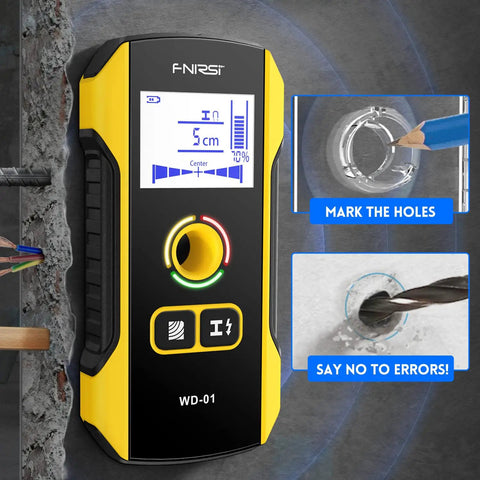 6 In 1 Wall Stud Finder And Detector with positioning hole, displayed on wall with highlighted drill marks for accuracy