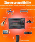 GX12 12 Channel Pro Mixer Console with USB Bluetooth MP3 Input showcasing compatibility with instruments and audio devices.