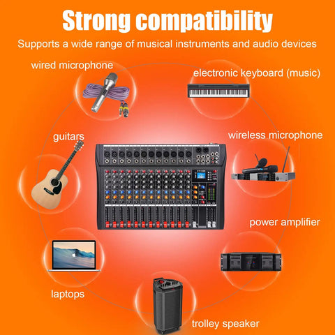 GX12 12 Channel Pro Mixer Console with USB Bluetooth MP3 Input showcasing compatibility with instruments and audio devices.