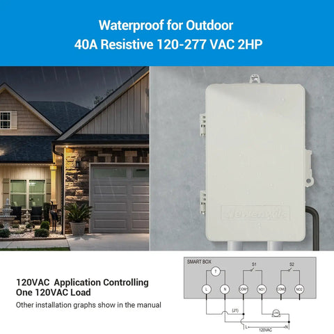 Smart Pool Timer WiFi Switch 40A 120 To 277 VAC 2HP weatherproof design with wiring diagram for outdoor use
