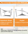 Beige Sun Shade Sail 12x16 Foot Rectangle Outdoor Shade Cover Built Tough Permeable 185GSM with Stainless Steel D Rings, construction methods diagram showcasing hyperbolic and angled shapes.