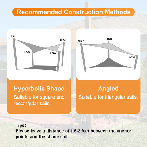 Beige Sun Shade Sail 12x16 Foot Rectangle Outdoor Shade Cover Built Tough Permeable 185GSM with Stainless Steel D Rings, construction methods diagram showcasing hyperbolic and angled shapes.