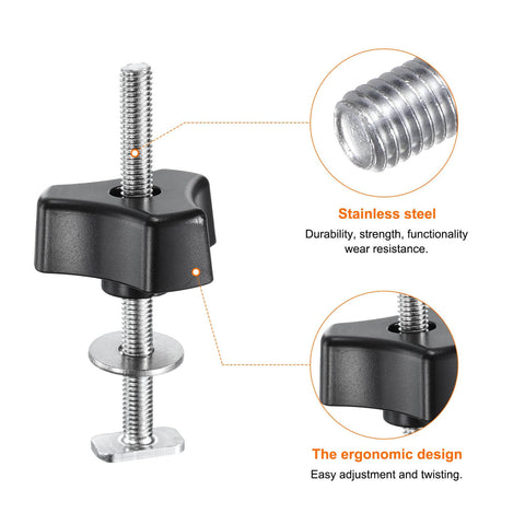 Close-up view of the 5 Piece Pro Grade T Track Bolts Knob Kit For Woodworking Jigs And Fixtures with threaded bolts and triangle hand knobs.