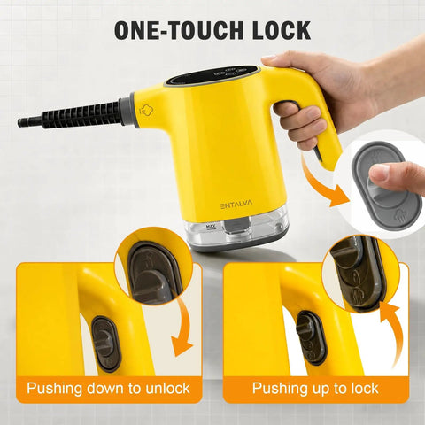 Heavy Duty Handheld Steam Cleaner With Smart Led Display And No Sweat Continuous Trigger Lock for easy unlocking and locking.