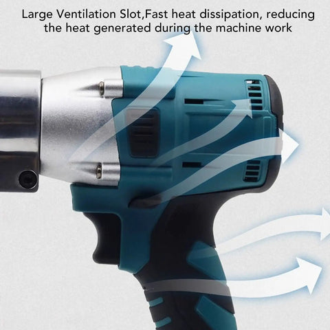 Heavy Duty Cordless Metal Shears With 360 Degree Rotating Head And Brushless Motor showing large ventilation slot for heat dissipation.