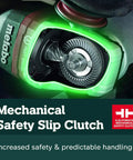 German Engineered 4 And 1 Half Inch To 5 Inch Angle Grinder With 11 Amp Power 11,000 RPM Non Locking Paddle Switch WP 11-125 Quick Made In Germany Model 603624420 Green, highlighting mechanical safety slip clutch detail.