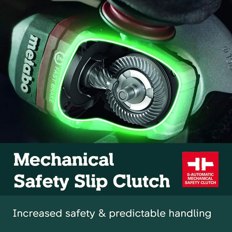 German Engineered 4 And 1 Half Inch To 5 Inch Angle Grinder With 11 Amp Power 11,000 RPM Non Locking Paddle Switch WP 11-125 Quick Made In Germany Model 603624420 Green, highlighting mechanical safety slip clutch detail.
