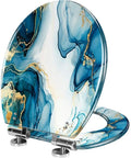 Elongated Resin Toilet Seat for Bathroom in blue and gold abstract design, round shape, fits most standard toilets.