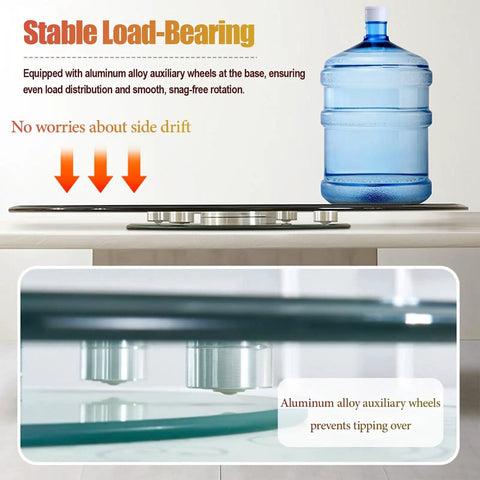 360 Degree Glass Lazy Susan Turntable for Dining Tables with stable aluminum wheels and large water jug for load demonstration.