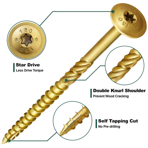 Heavy Workhorse Structural Lag Screws 5/16 By 12 Inch Serrated Thread Fasteners, close-up of star drive and knurl shoulder features.