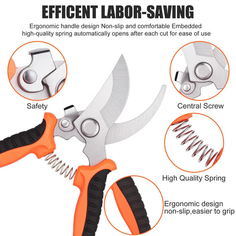 Close-up of 3 Pack Garden Shears Set Stainless Steel Pruning Scissors with ergonomic handles, safety features, and high-quality spring.