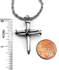 3 Nail Cross Pendant On Stainless Steel Twisted Rope Chain Antique Silver Pewter Finish Lead Free 24 Inch Necklace with ruler and penny