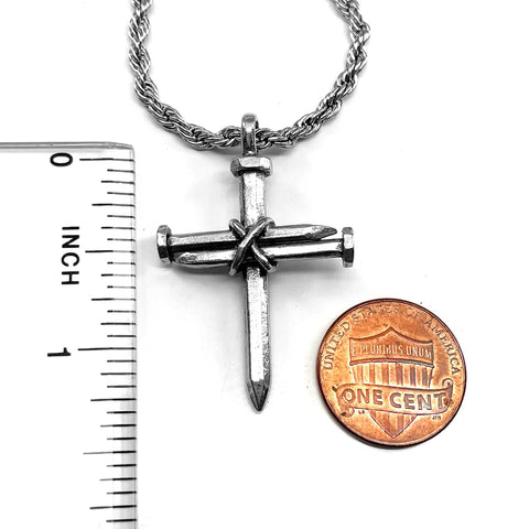 3 Nail Cross Pendant On Stainless Steel Twisted Rope Chain Antique Silver Pewter Finish Lead Free 24 Inch Necklace with ruler and penny