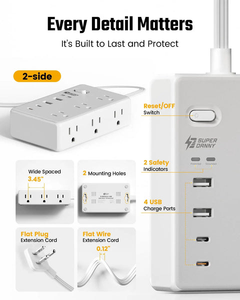 25Ft Heavy Duty Extension Cord With Flat Plug Surge Protector Featuring Six Power Outlets Dual Usb C And Dual Usb A Ports Delivering Pd20W Fast Charge showing reset switch and USB ports.