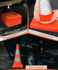 28 Inch Collapsible LED Traffic Cones Four Pack Pop Up Reflective Safety Cones compact and deployed in various settings.