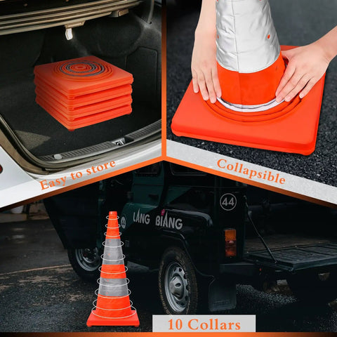 28 Inch Collapsible LED Traffic Cones Four Pack Pop Up Reflective Safety Cones compact and deployed in various settings.