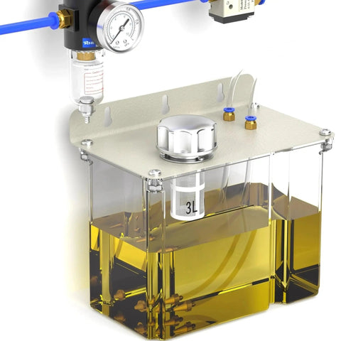 Pro Grade 3L Coolant Lubrication Misting System with clear tank, dual sprayer nozzles, solenoid valve, and air filter for CNC machines