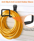 Heavy Duty Hose Holder Stand Wall Mount 2 Pack Garden Hose Hanger Reel Metal Water Pipe Tube Hooks Rack For Outdoor Yard Garage Storage Weatherproof Black Finish showing anti-slip sleeve with hose