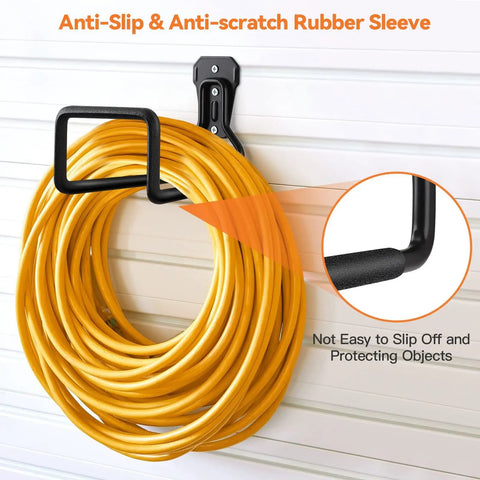 Heavy Duty Hose Holder Stand Wall Mount 2 Pack Garden Hose Hanger Reel Metal Water Pipe Tube Hooks Rack For Outdoor Yard Garage Storage Weatherproof Black Finish showing anti-slip sleeve with hose