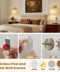 Peel and Stick Sconces Set of 2 Brushed Nickel,Detachable Battery Operated Wall Sconce With 10000mah Rechargeable Bulbs,12 RGB Battery Sconce With Remote,Renter Friendly Wall Lamps for Bedroom,Hallway installation process