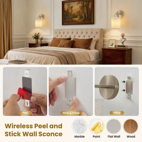 Peel and Stick Sconces Set of 2 Brushed Nickel,Detachable Battery Operated Wall Sconce With 10000mah Rechargeable Bulbs,12 RGB Battery Sconce With Remote,Renter Friendly Wall Lamps for Bedroom,Hallway installation process
