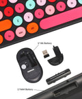 Cool Retro Typewriter Style Keyboard And Mouse Combo with Round Keycaps showing USB receiver and battery compartments open.