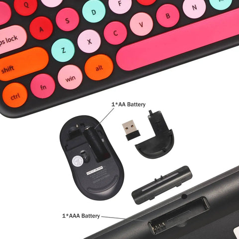 Cool Retro Typewriter Style Keyboard And Mouse Combo with Round Keycaps showing USB receiver and battery compartments open.
