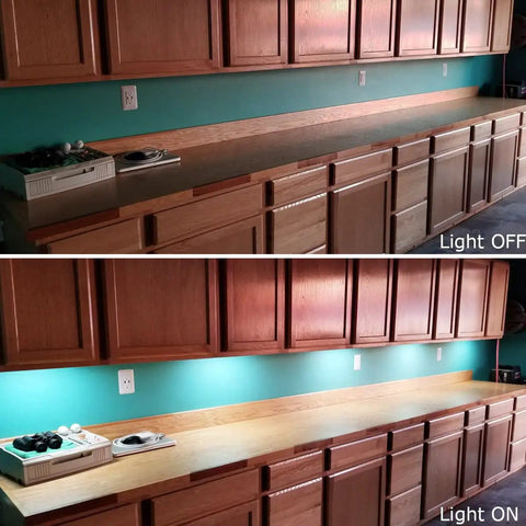Comparison of kitchen cabinets with Dimmable Under Cabinet Lighting Kit, showing light off and on, 5000K daylight effect