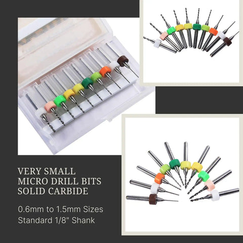 Micro Mini Drill Bit Set, Ten Tiny Tungsten Carbide Bits From 0.6mm To 1.5mm With 1/8 Inch Shank in PVC case, detail view