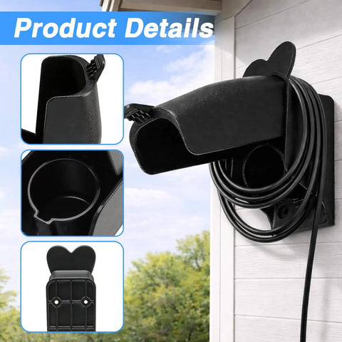 Top Shelf EV Charger Holder Wall Mount With Rainproof Cover For J1772 Connectors Durable Composite Build, showcasing details.