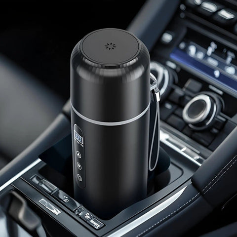 Road Warrior Approved Fast Boiling Electric Kettle For Cars And Trucks Featuring Food Grade 304 Stainless Steel For Quick Brews On The Go With 12 Volt Compatibility For Truckers And Adventure Seekers in car cup holder.