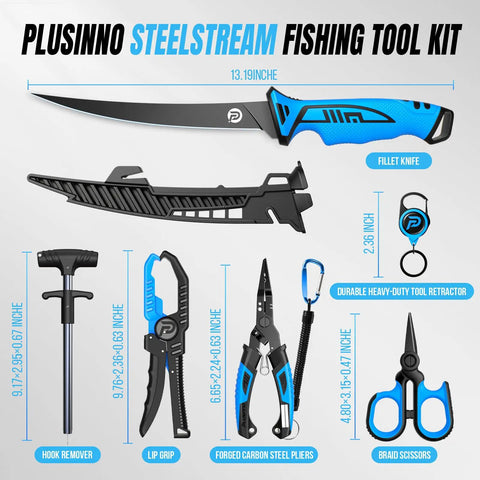 7 Piece Fishing Tools Kit With Corrosion Resistant Pliers Floating Lip Gripper Fishing Knife And Line Cutter display layout.