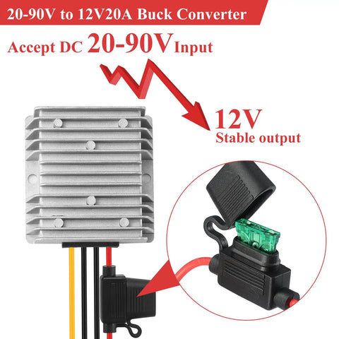 Beefy 240W DC-DC Buck Converter From 20 to 90V Down To 12V 20A Waterproof Power Supply for Truck RV Marine and Solar overview