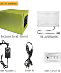 Pro Grade UV Resin Curing Light Kit With Box And Timer, showing enclosure box, UV light board, power adapter, and user manual