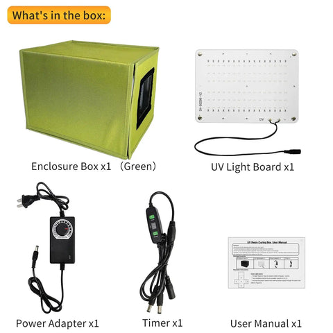 Pro Grade UV Resin Curing Light Kit With Box And Timer, showing enclosure box, UV light board, power adapter, and user manual
