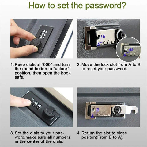 Instructions for setting combination lock on Hidden Book Safe With Combination Lock, Realistic Dictionary Safe For Cash Jewelry Or Passports, Rose Finish, Covert Hidden Storage Box That Looks Like A Real Dictionary, Perfect For Easy Cash Stash At Home Exterior 9.5 By 6 By 2.2 Inches