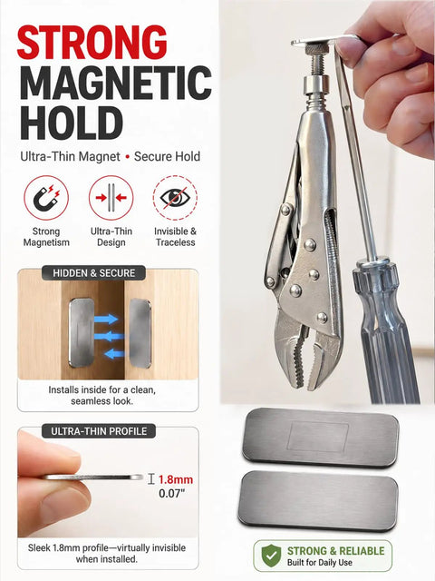 8 Pack Ultra Thin Magnetic Cabinet Door Catch With Ultra Strong Adhesive showing strong magnetism and sleek hidden design.