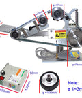 Heavy Duty 550W Belt Sander With Brushless Motor And 762x25 Mm Sanding Belt showing detailed components, measurements, and controls for precise sanding tasks.