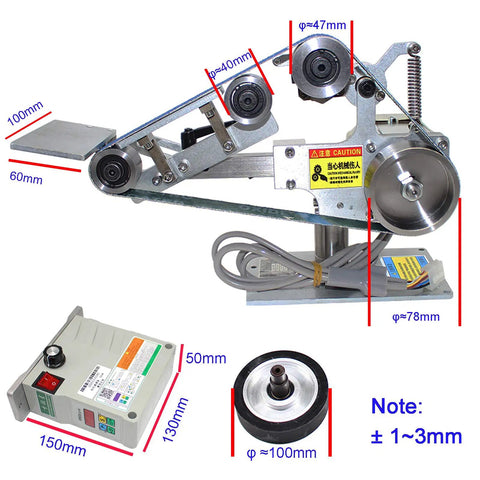 Heavy Duty 550W Belt Sander With Brushless Motor And 762x25 Mm Sanding Belt showing detailed components, measurements, and controls for precise sanding tasks.