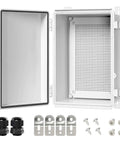 Built Tough IP67 Waterproof Junction Box with Heavy Duty Hinged Lid and Stainless Steel Latch for Drop Proof Protection Includes Wall Mounts Cable Glands Mounting Plate ABS Plastic Enclosure 11.8 X 7.7 X 5.2 Inches Grey, open view with accessories.