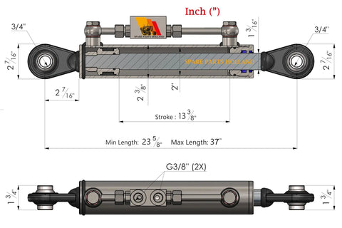 Technical drawing of Adjustable Hydraulic Top Link Cat 1 From Cab Control 23 And 5 Eighths To 37 Inches with dimensions highlighted.