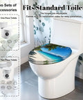 Elongated Palms tropical beach Toilet Seat on standard toilet with adjustable hinges and easy-install accessories.