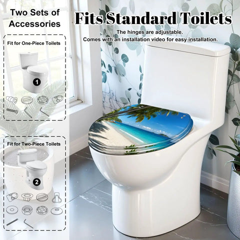Elongated Palms tropical beach Toilet Seat on standard toilet with adjustable hinges and easy-install accessories.