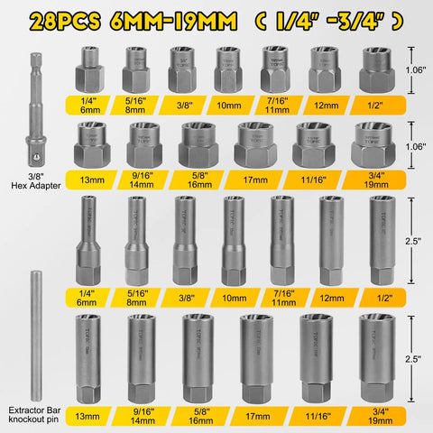 Deep Bolt Extractor Set 28 Piece Kit With Three Eighths Inch Drive For Stripped Broken And Rounded Bolts Lug Nut Removal